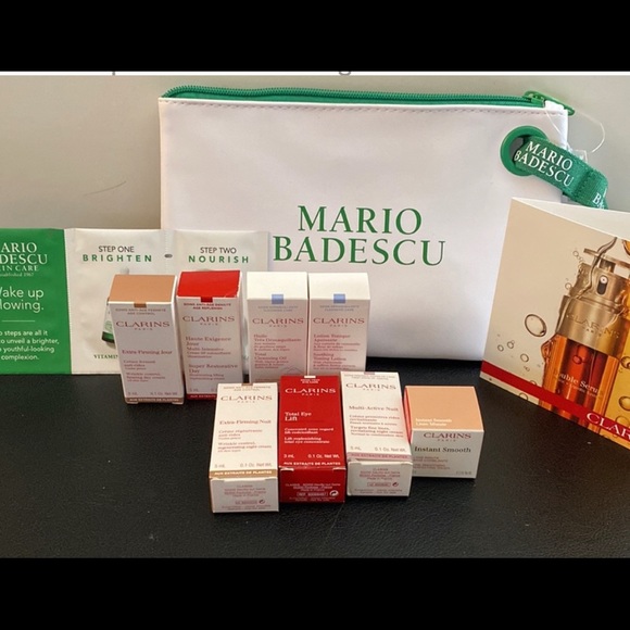NIB Clarins and Mario Badescu gift set 9 clarins + MB wake up glowing + pouch - Picture 4 of 14
